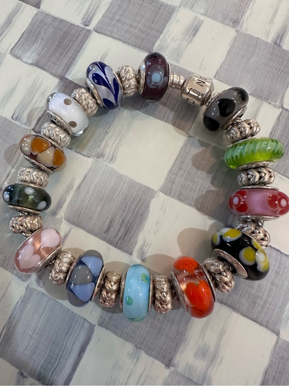 Pandora Bracelet With 13 Pandora Glass Beads & Pandora Spacers